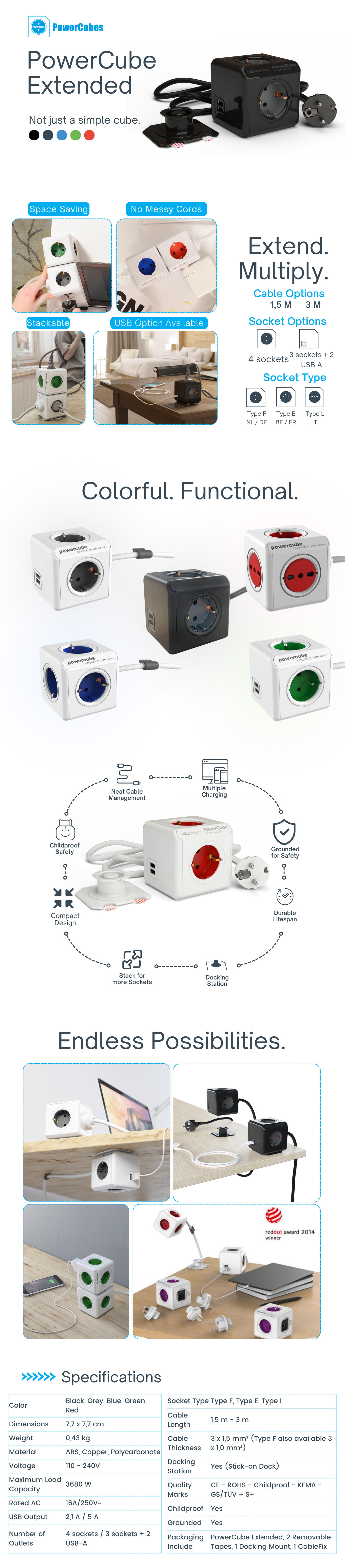 PowerCube Extended: A versatile and compact power strip offering multiple sockets and USB charging, designed for easy stacking and space-saving in any environment.