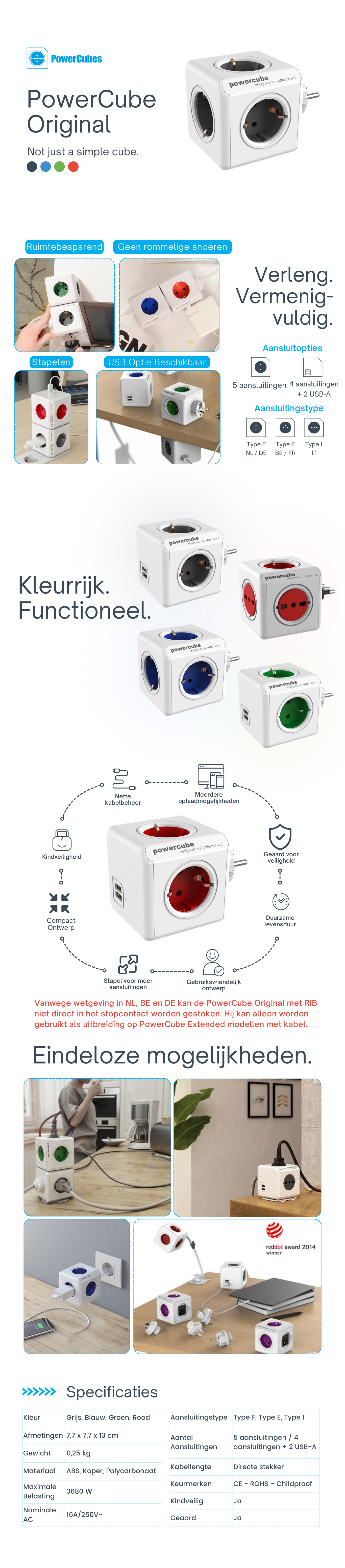 PowerCube Original: Compacte stekkerdoos met 5 aansluitingen of 4 aansluitingen + 2 USB-A. Kindveilig, geaard, stapelbaar. Verkrijgbaar in grijs, blauw, groen, rood.