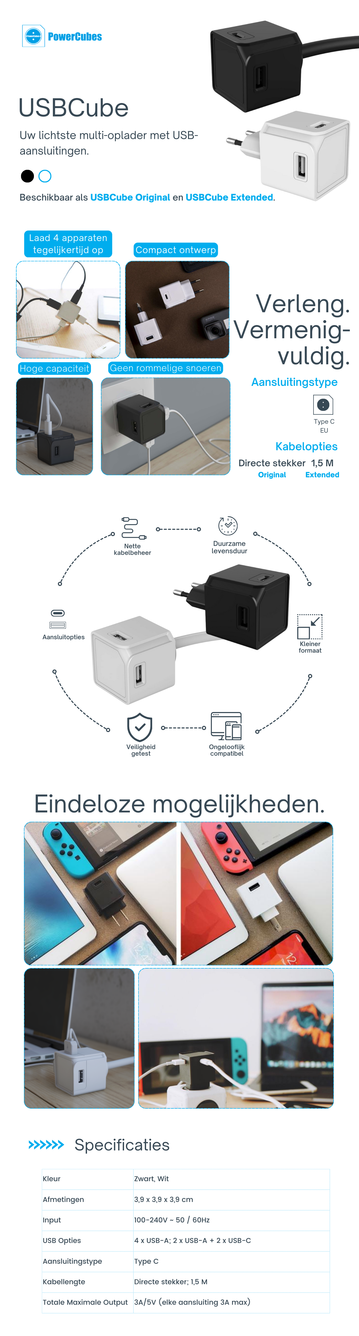 USBCube: Lichtgewicht multi-oplader met 4 USB-poorten, verkrijgbaar in zwart en wit. Compact ontwerp, laad 4 apparaten tegelijk op, nette kabelbeheer.