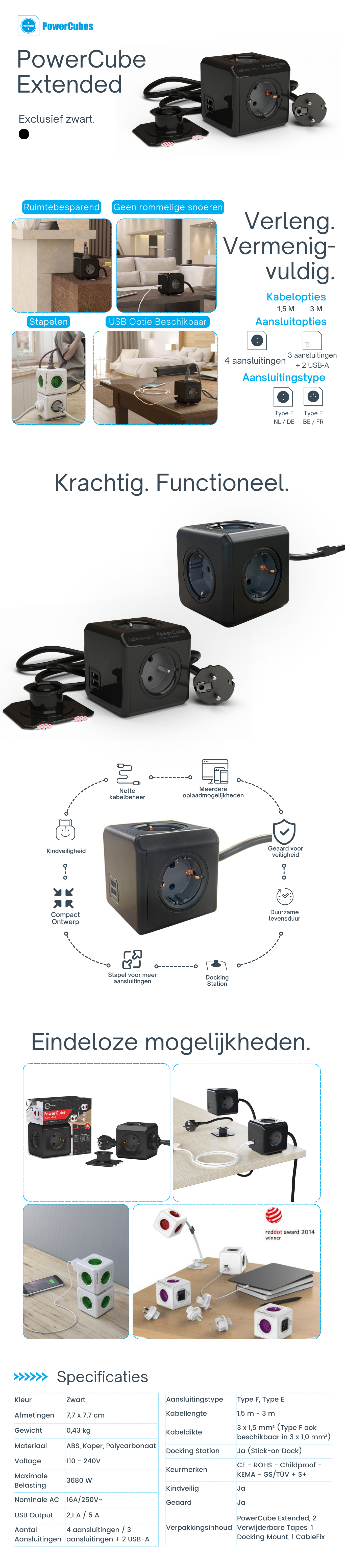 Ontdek de PowerCube Extended in exclusief Zwart. Kies tussen 4 stopcontacten of 3 stopcontacten met Duo USB, en 1,5m of 3m kabelopties, allemaal kinderveilig.