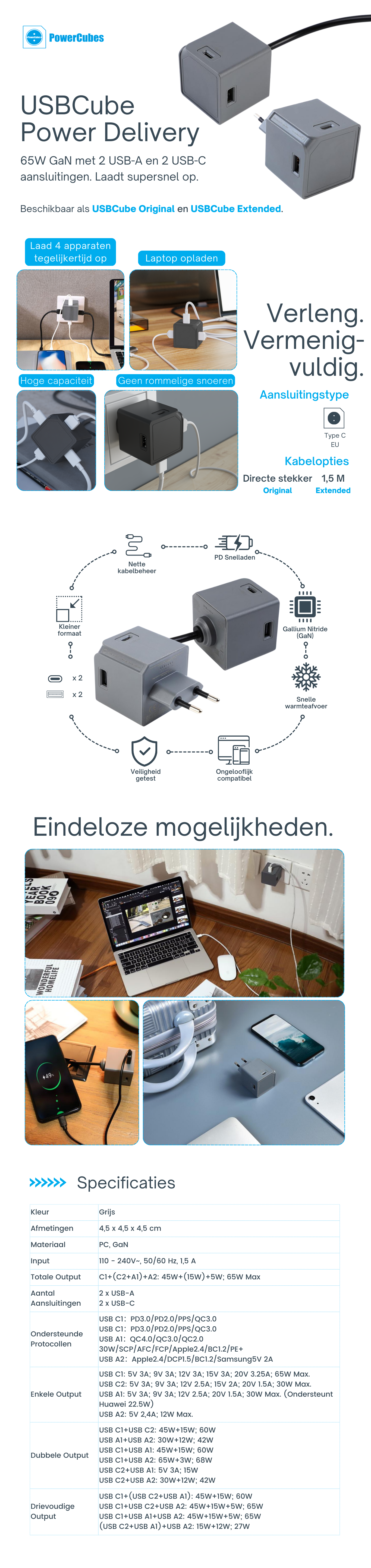 USBCube Power Delivery: Compacte PD 65W GaN oplader met 2 USB-A en 2 USB-C poorten. Snelladen, laptop compatibel, nette kabelbeheer.