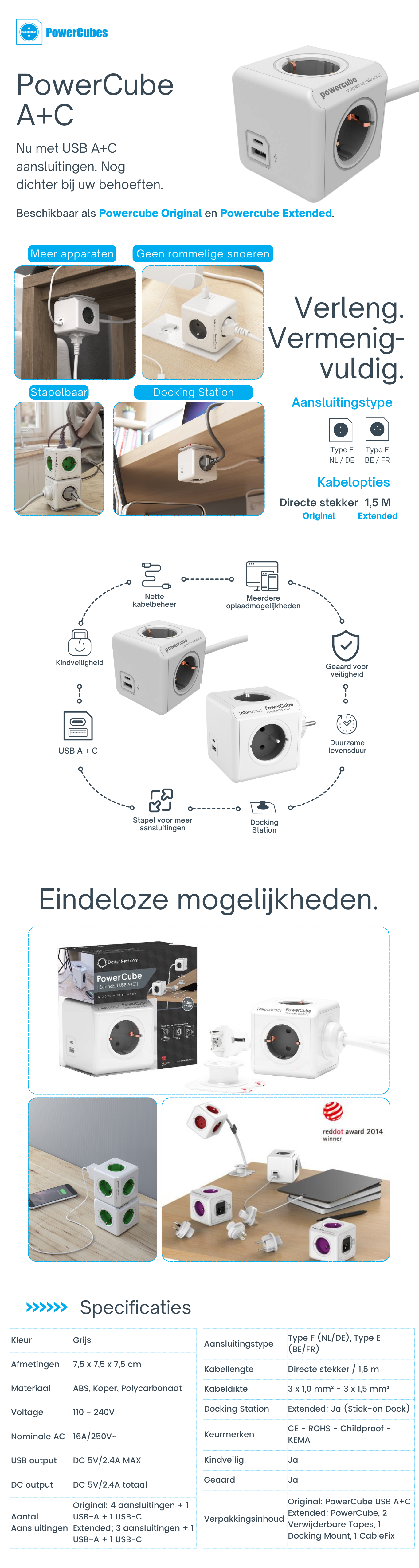 PowerCube stekkerdoos USB-A en USB-C