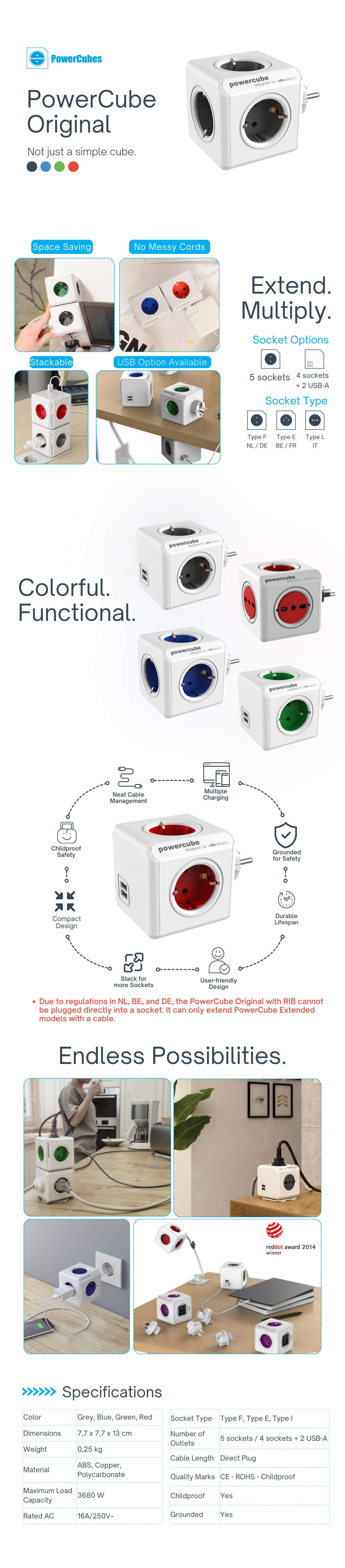 PowerCube Original: Compact power strip with 5 sockets or 4 sockets + 2 USB-A. Childproof, grounded, stackable. Available in grey, blue, green, red.